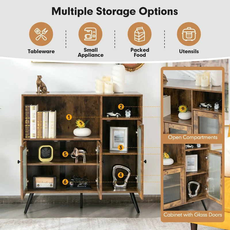 Buffet Kitchen Storage Cupboard, Glass Door, Adjustable Shelves, Rustic Brown