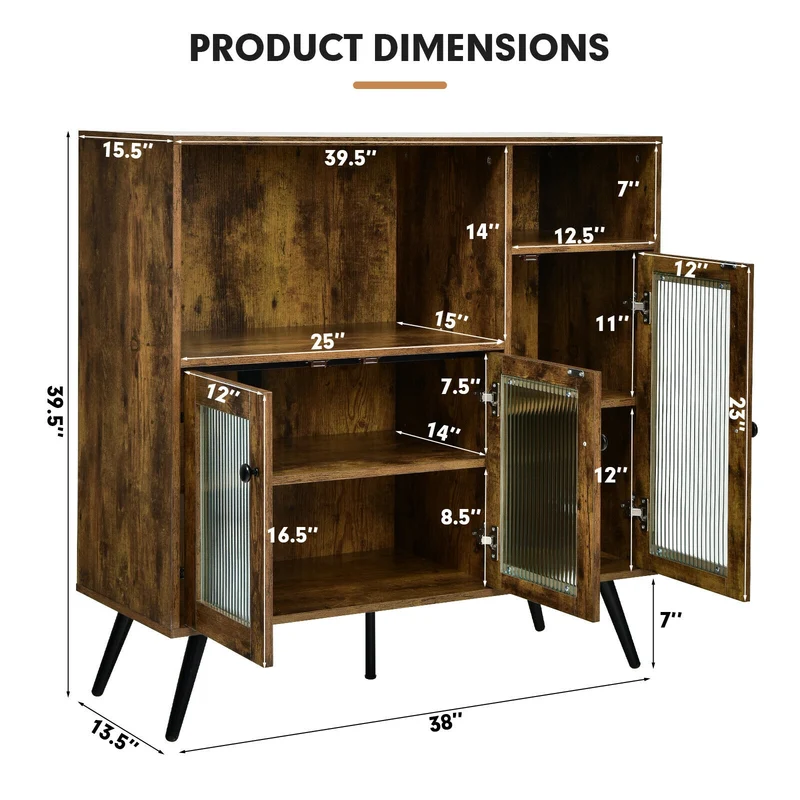 Buffet Kitchen Storage Cupboard, Glass Door, Adjustable Shelves, Rustic Brown
