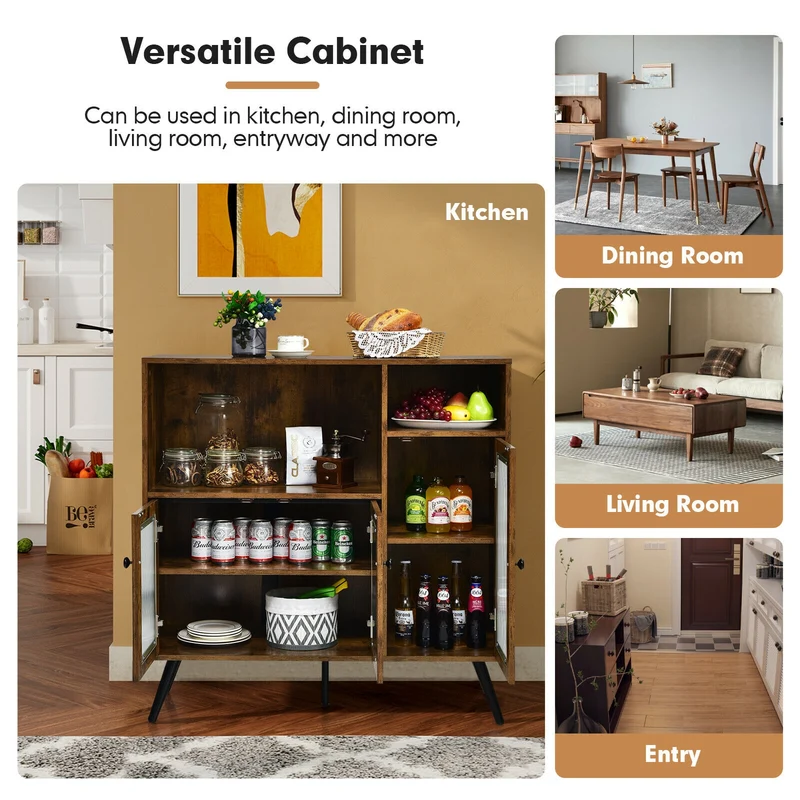Buffet Kitchen Storage Cupboard, Glass Door, Adjustable Shelves, Rustic Brown