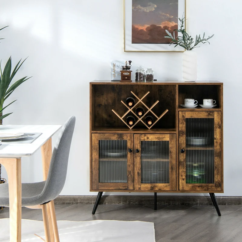 Buffet Kitchen Storage Cupboard, Glass Door, Adjustable Shelves, Rustic Brown