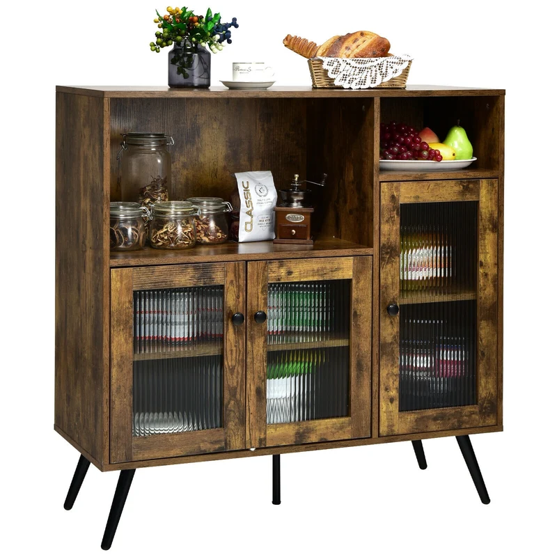 Buffet Kitchen Storage Cupboard, Glass Door, Adjustable Shelves, Rustic Brown