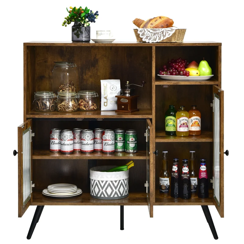 Buffet Kitchen Storage Cupboard, Glass Door, Adjustable Shelves, Rustic Brown