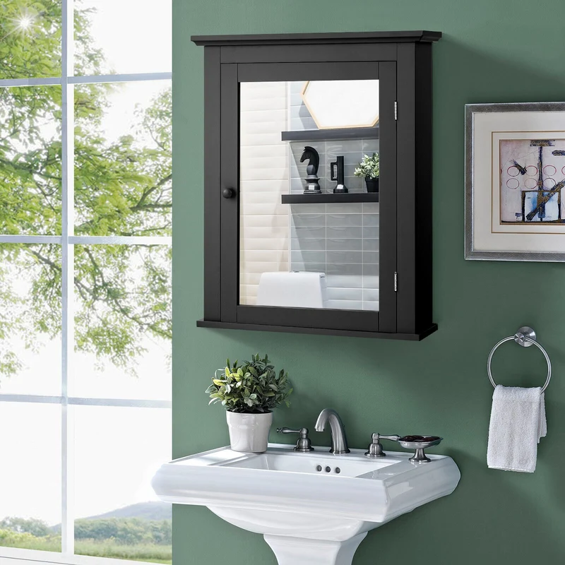 Wall Mounted Bathroom Mirror Cabinet, 5-Level Height-Adjustable Shelf, Black