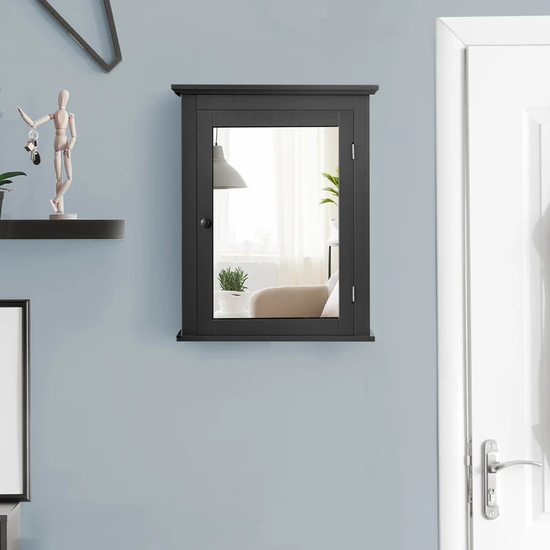 Wall Mounted Bathroom Mirror Cabinet, 5-Level Height-Adjustable Shelf, Black