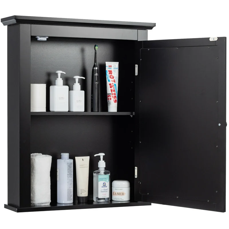 Wall Mounted Bathroom Mirror Cabinet, 5-Level Height-Adjustable Shelf, Black