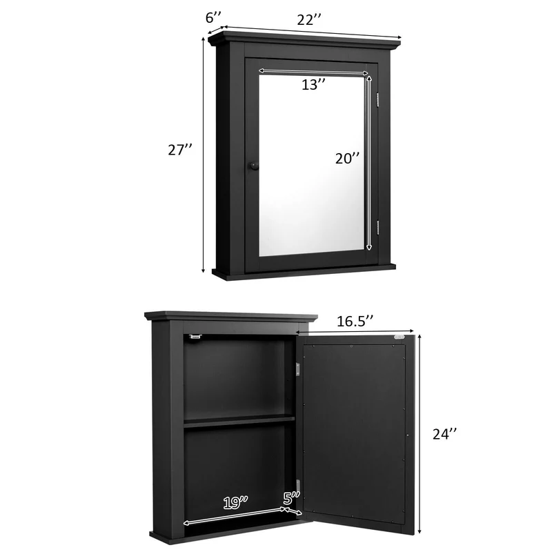 Wall Mounted Bathroom Mirror Cabinet, 5-Level Height-Adjustable Shelf, Black