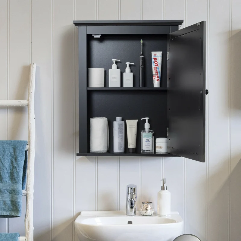 Wall Mounted Bathroom Mirror Cabinet, 5-Level Height-Adjustable Shelf, Black
