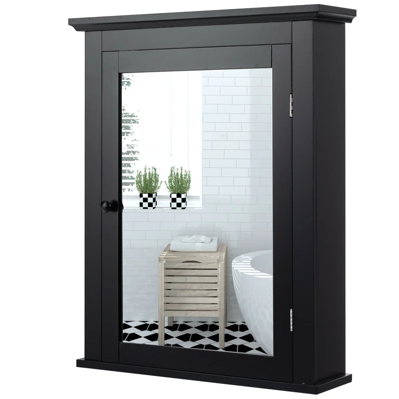 Wall Mounted Bathroom Mirror Cabinet, 5-Level Height-Adjustable Shelf, Black