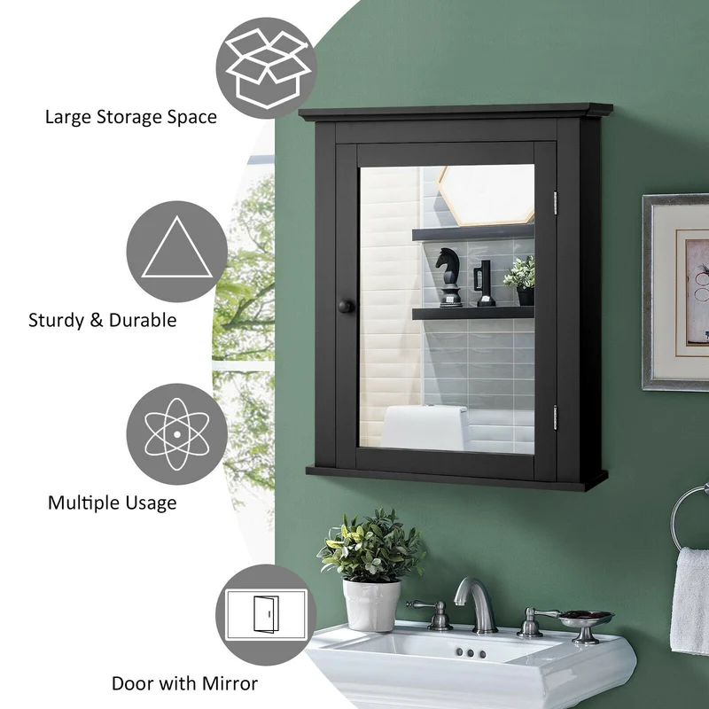 Wall Mounted Bathroom Mirror Cabinet, 5-Level Height-Adjustable Shelf, Black
