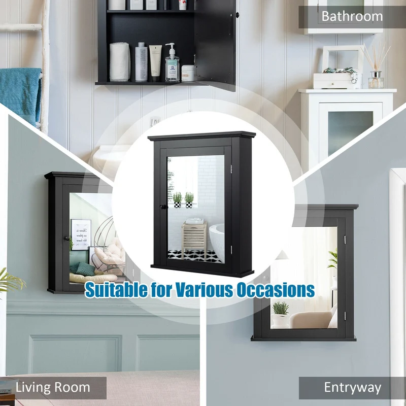 Wall Mounted Bathroom Mirror Cabinet, 5-Level Height-Adjustable Shelf, Black