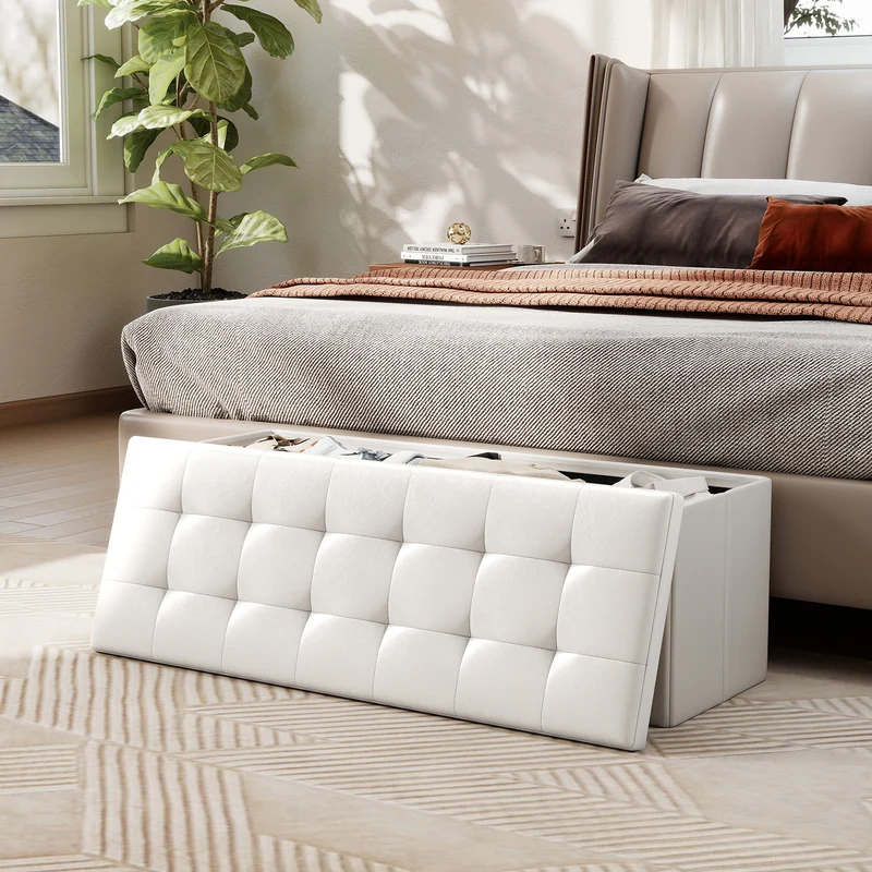 45 Inch Large Folding Ottoman Storage Seat, White