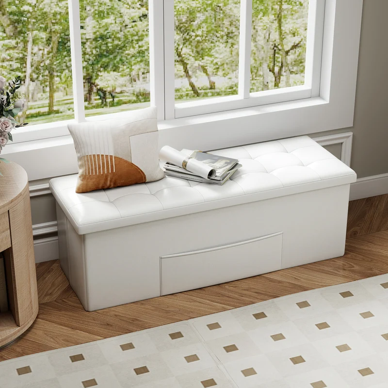 45 Inch Large Folding Ottoman Storage Seat, White
