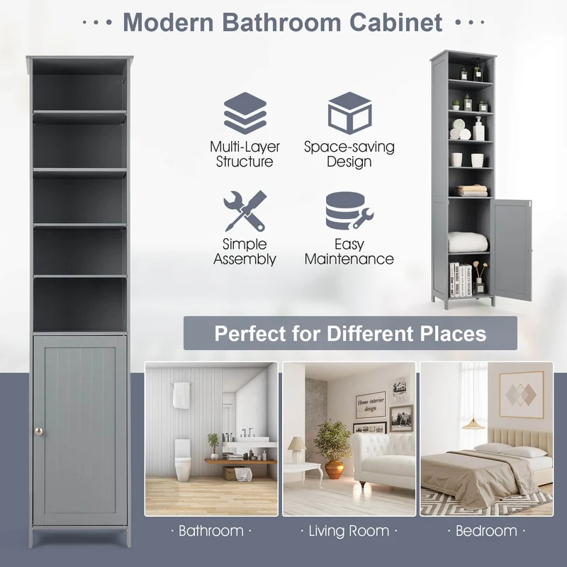 72 Inches Tall Floor Bathroom Storage Cabinet, Gray