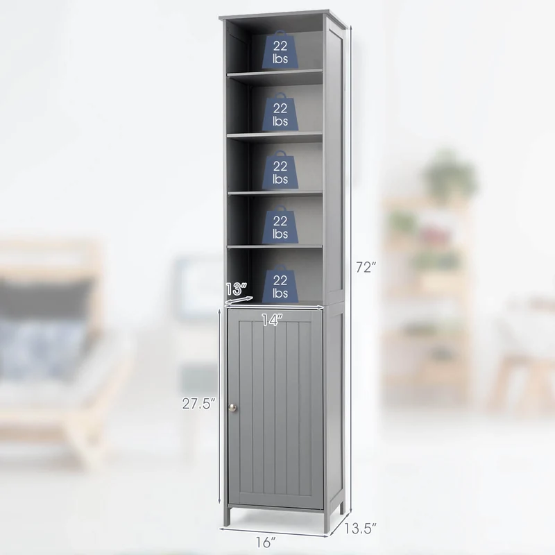 72 Inches Tall Floor Bathroom Storage Cabinet, Gray