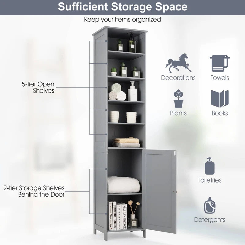 72 Inches Tall Floor Bathroom Storage Cabinet, Gray