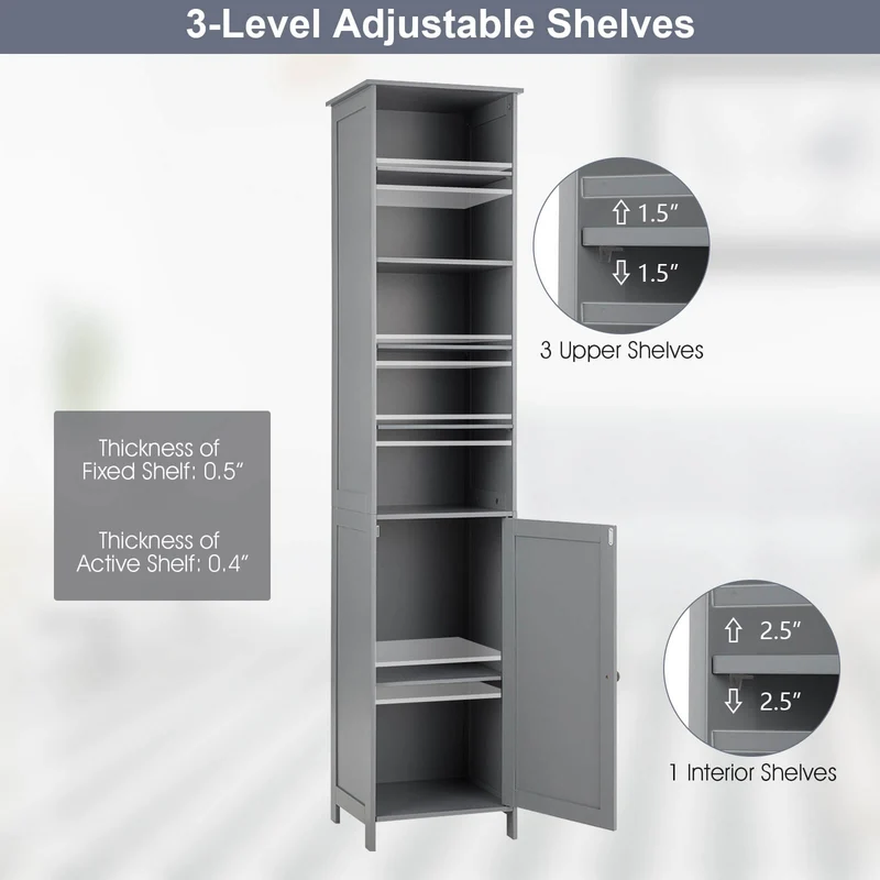 72 Inches Tall Floor Bathroom Storage Cabinet, Gray