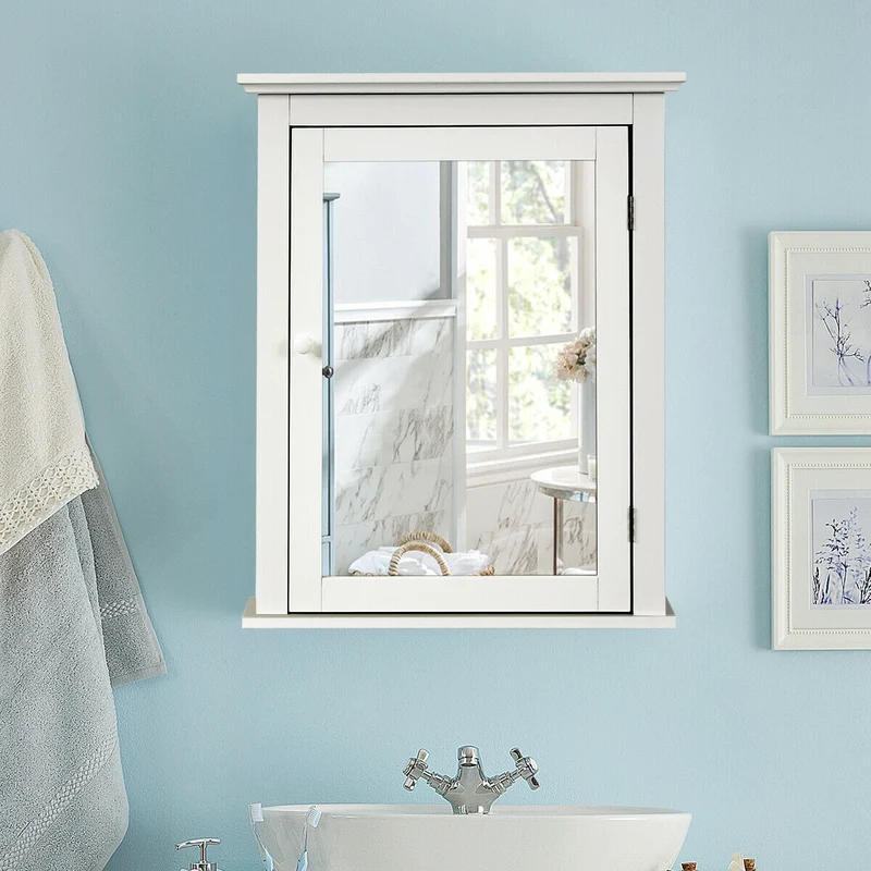 Wall Mounted Bathroom Mirror Cabinet, Adjustable Shelf, White
