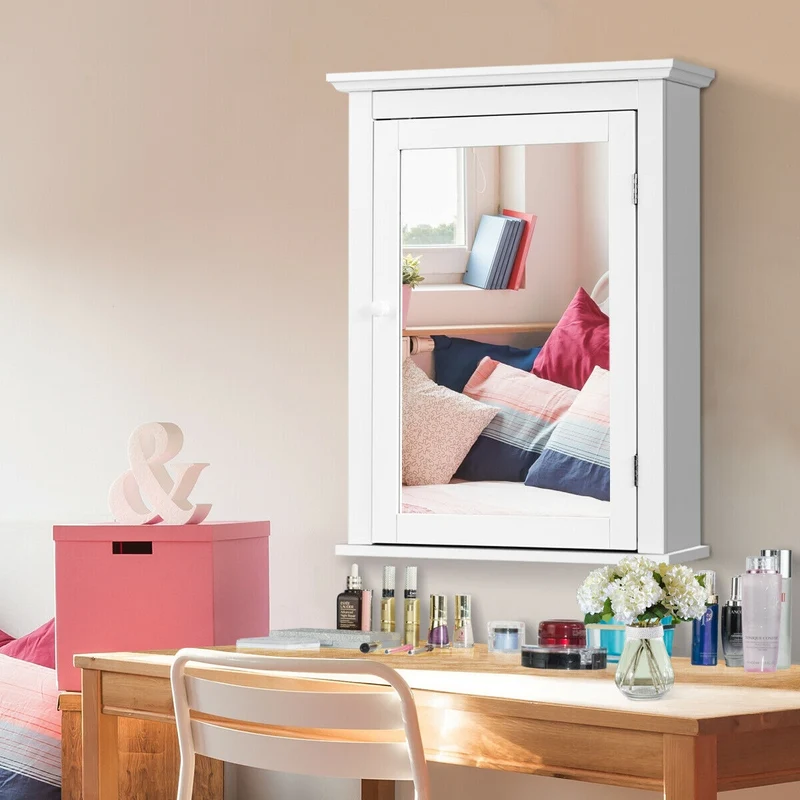Wall Mounted Bathroom Mirror Cabinet, Adjustable Shelf, White