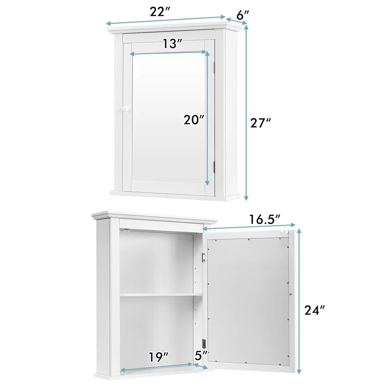 Wall Mounted Bathroom Mirror Cabinet, Adjustable Shelf, White