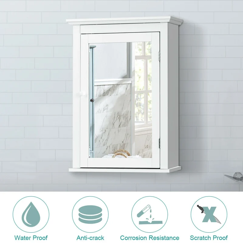 Wall Mounted Bathroom Mirror Cabinet, Adjustable Shelf, White