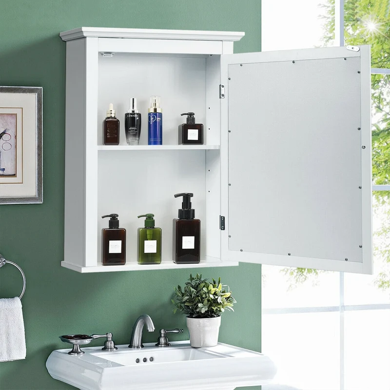 Wall Mounted Bathroom Mirror Cabinet, Adjustable Shelf, White