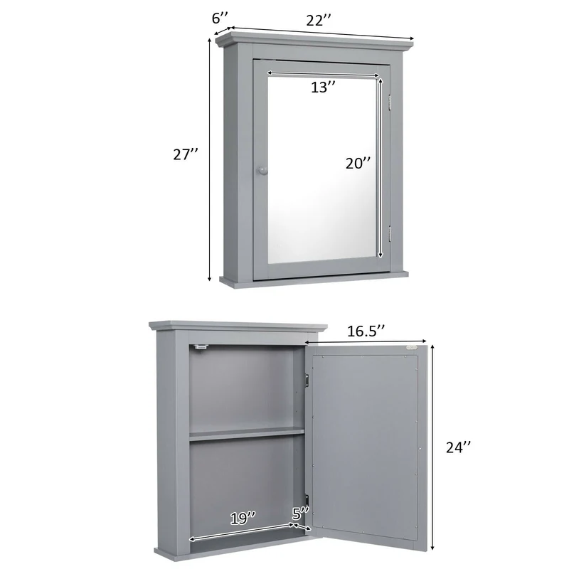 Wall Mounted Medicine Cabinet, Adjustable Shelf, Gray