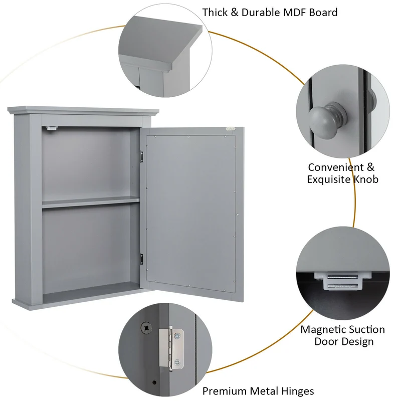 Wall Mounted Medicine Cabinet, Adjustable Shelf, Gray