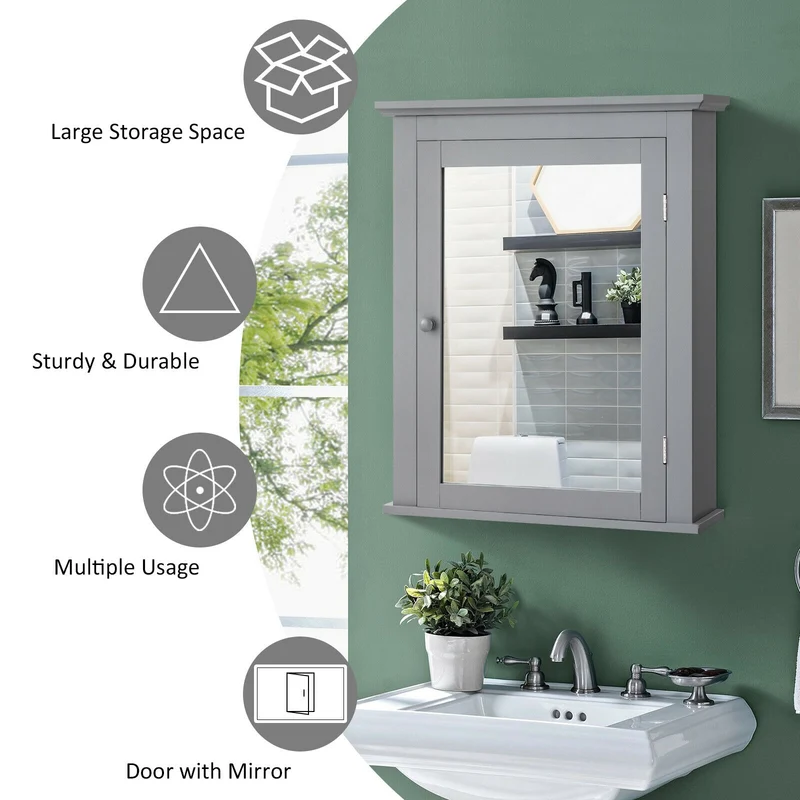 Wall Mounted Medicine Cabinet, Adjustable Shelf, Gray