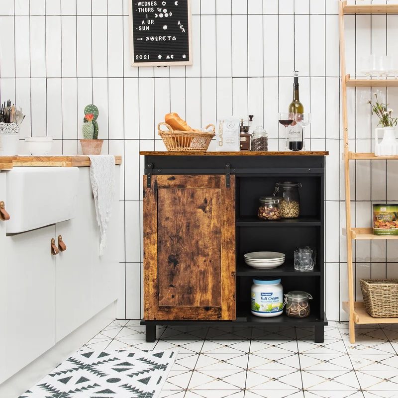 Industrial Storage Cabinet, Sliding Barn Door, Rustic Brown