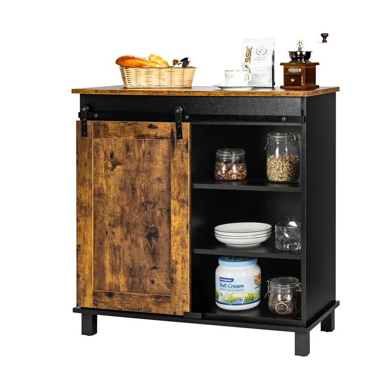 Industrial Storage Cabinet, Sliding Barn Door, Rustic Brown
