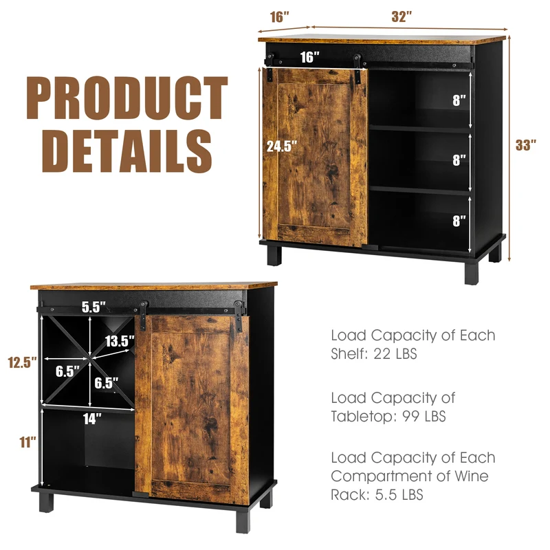 Industrial Storage Cabinet, Sliding Barn Door, Rustic Brown