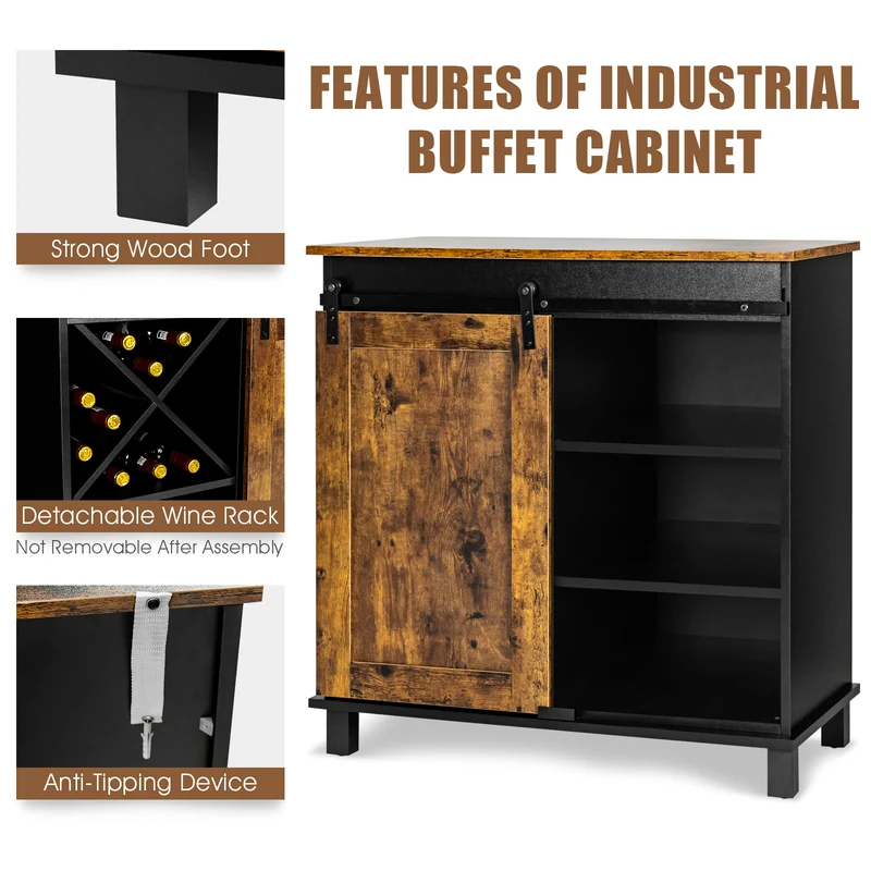 Industrial Storage Cabinet, Sliding Barn Door, Rustic Brown