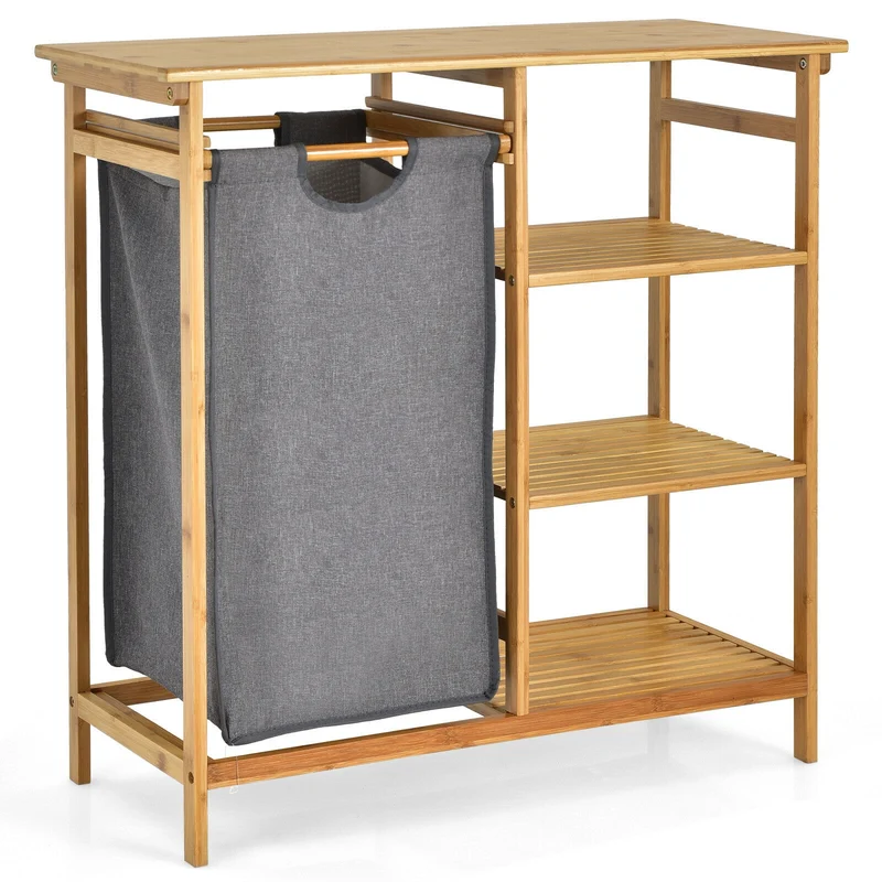 Bamboo Laundry Hamper, Removable Sliding Bag, 3-Tier Shelves, Natural