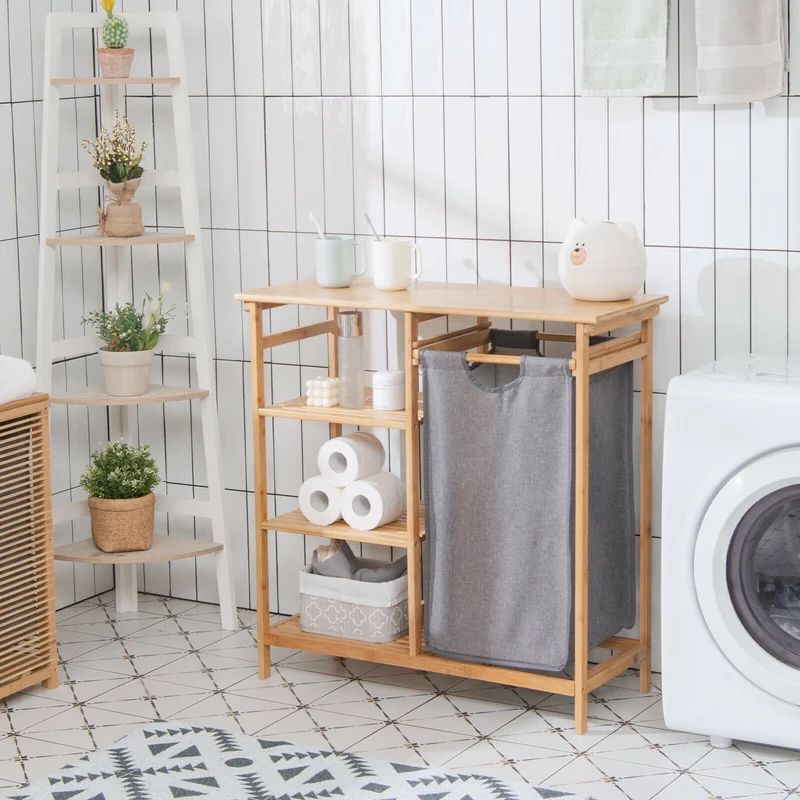 Bamboo Laundry Hamper, Removable Sliding Bag, 3-Tier Shelves, Natural
