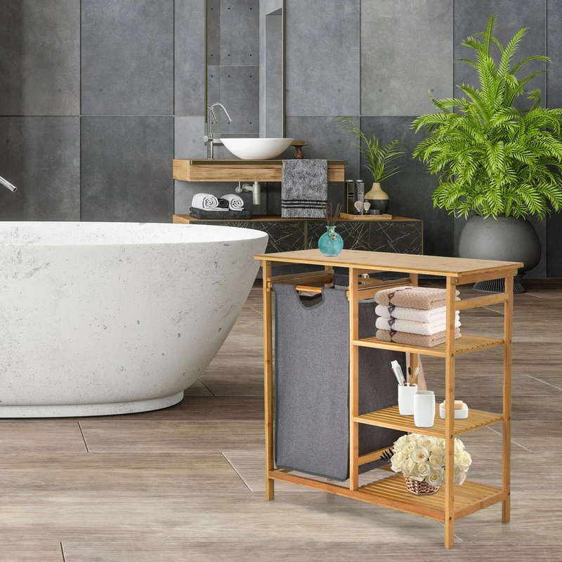 Bamboo Laundry Hamper, Removable Sliding Bag, 3-Tier Shelves, Natural