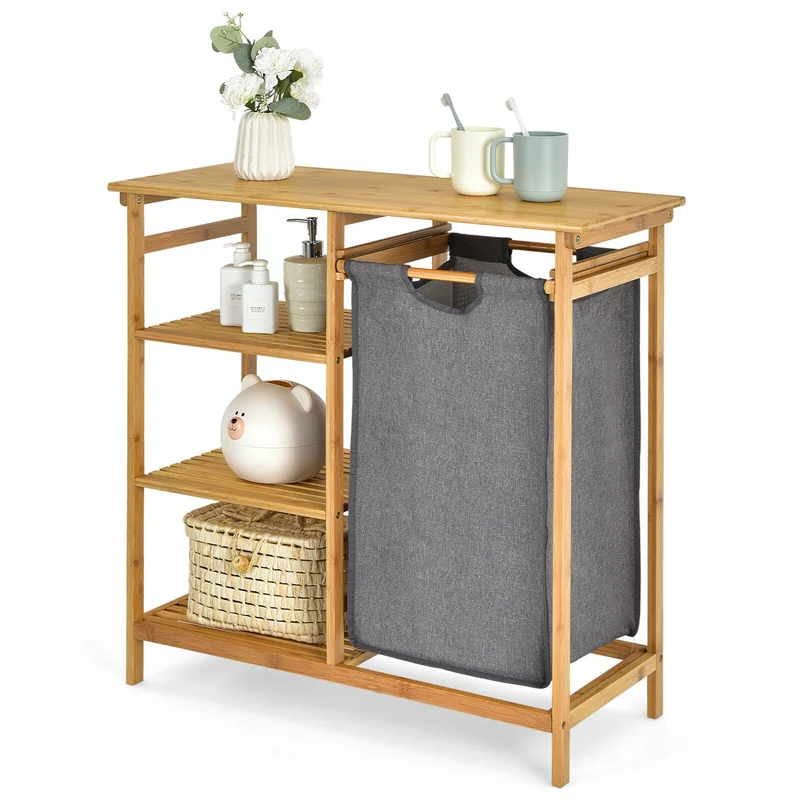 Bamboo Laundry Hamper, Removable Sliding Bag, 3-Tier Shelves, Natural