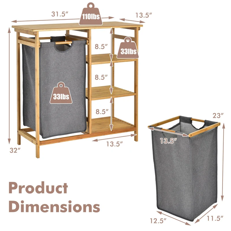 Bamboo Laundry Hamper, Removable Sliding Bag, 3-Tier Shelves, Natural