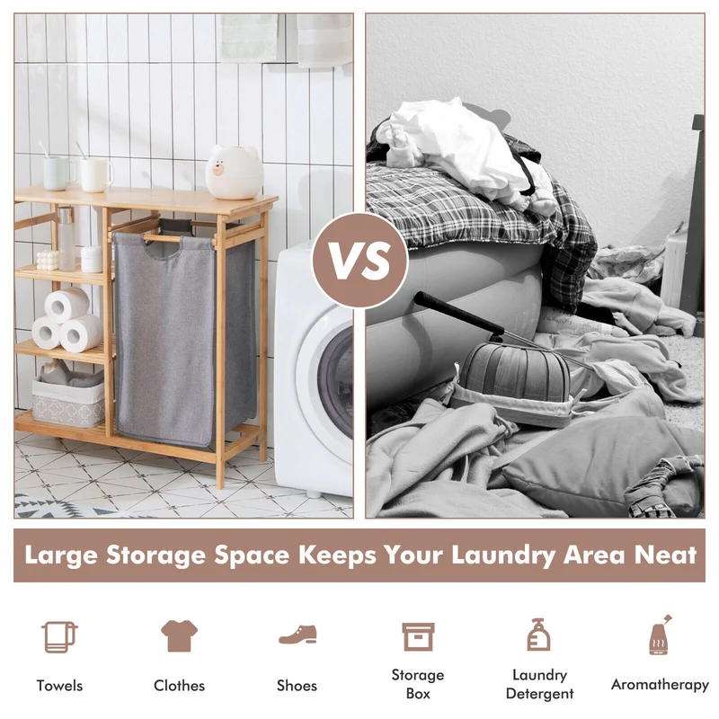 Bamboo Laundry Hamper, Removable Sliding Bag, 3-Tier Shelves, Natural