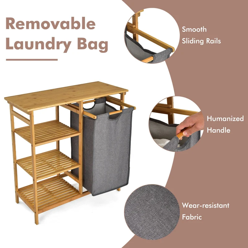 Bamboo Laundry Hamper, Removable Sliding Bag, 3-Tier Shelves, Natural