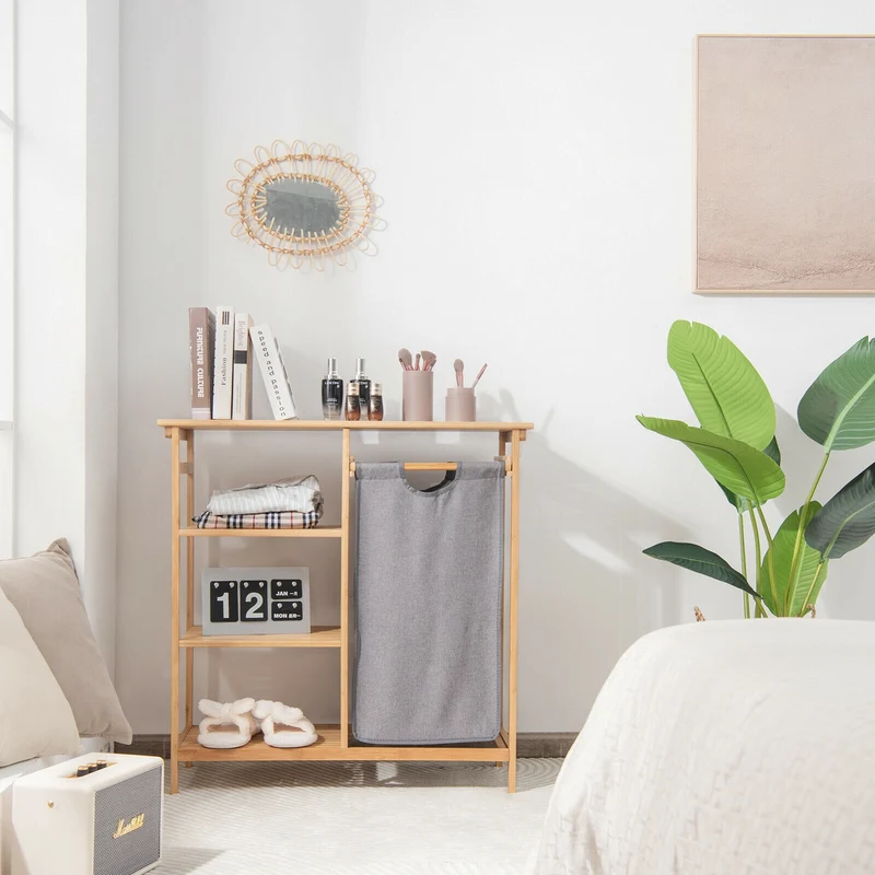 Bamboo Laundry Hamper, Removable Sliding Bag, 3-Tier Shelves, Natural