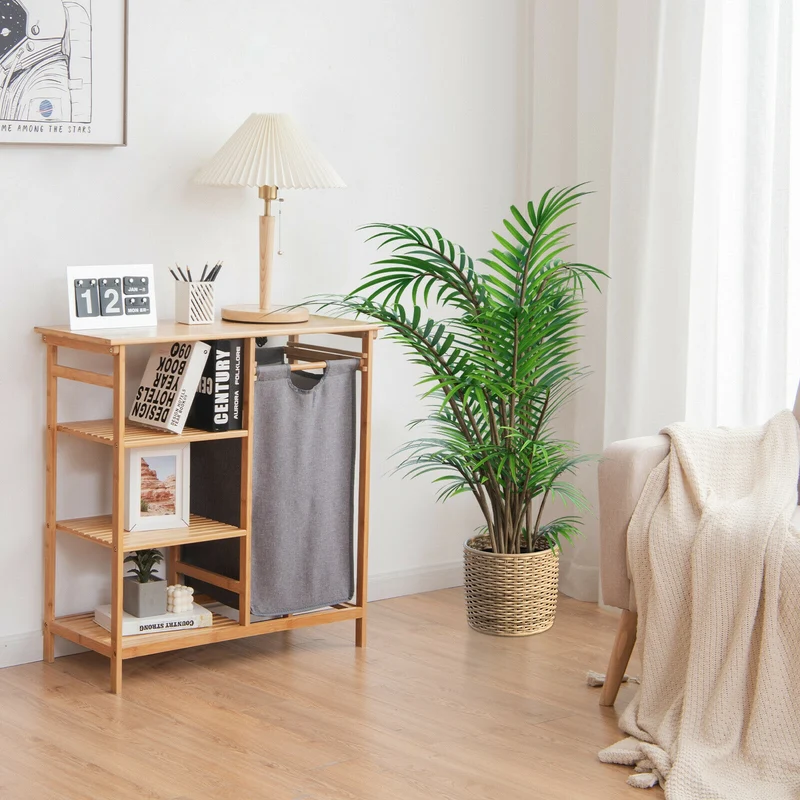 Bamboo Laundry Hamper, Removable Sliding Bag, 3-Tier Shelves, Natural