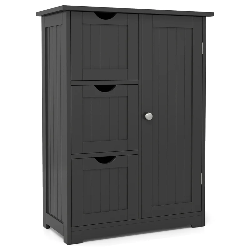 Bathroom Floor Cabinet, 3 Drawers, 1 Cupboard, Black