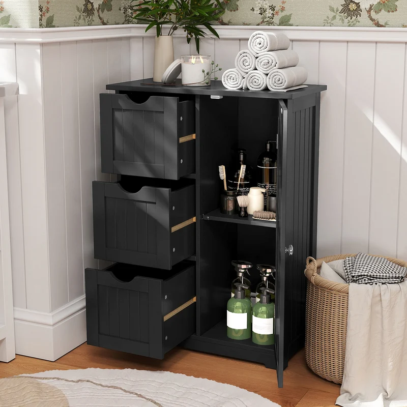 Bathroom Floor Cabinet, 3 Drawers, 1 Cupboard, Black