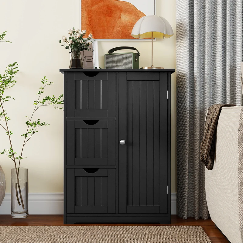Bathroom Floor Cabinet, 3 Drawers, 1 Cupboard, Black