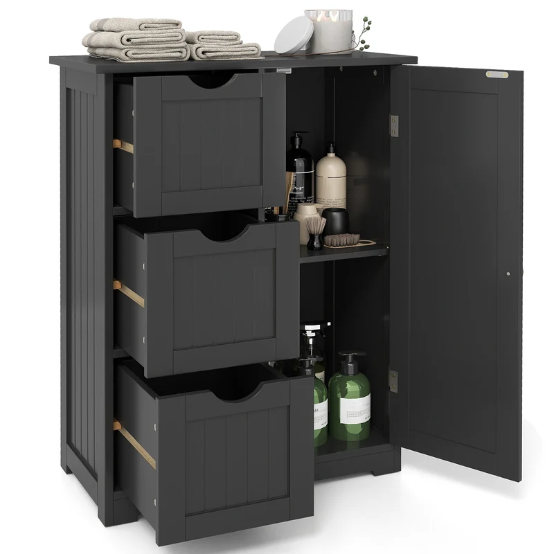 Bathroom Floor Cabinet, 3 Drawers, 1 Cupboard, Black