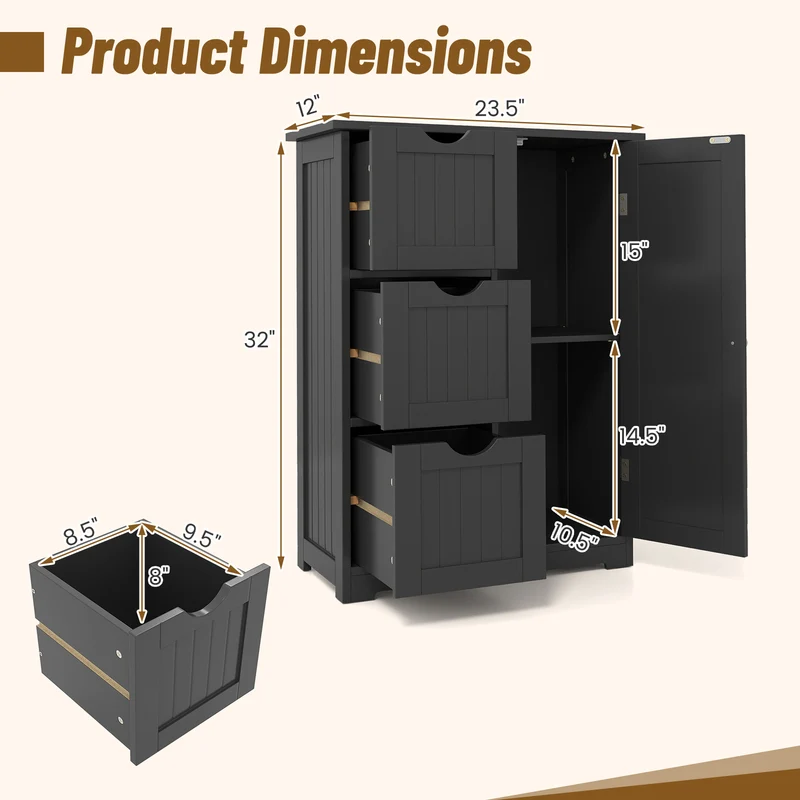 Bathroom Floor Cabinet, 3 Drawers, 1 Cupboard, Black