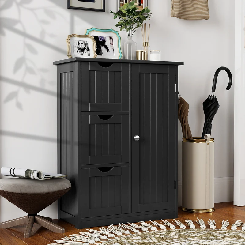 Bathroom Floor Cabinet, 3 Drawers, 1 Cupboard, Black
