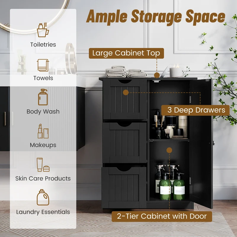 Bathroom Floor Cabinet, 3 Drawers, 1 Cupboard, Black