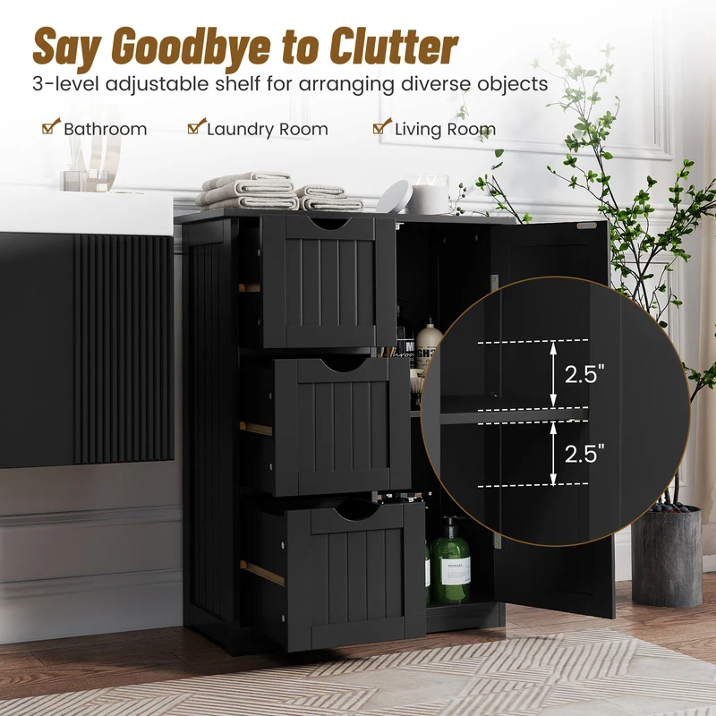 Bathroom Floor Cabinet, 3 Drawers, 1 Cupboard, Black