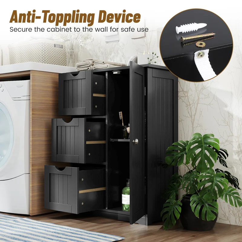 Bathroom Floor Cabinet, 3 Drawers, 1 Cupboard, Black
